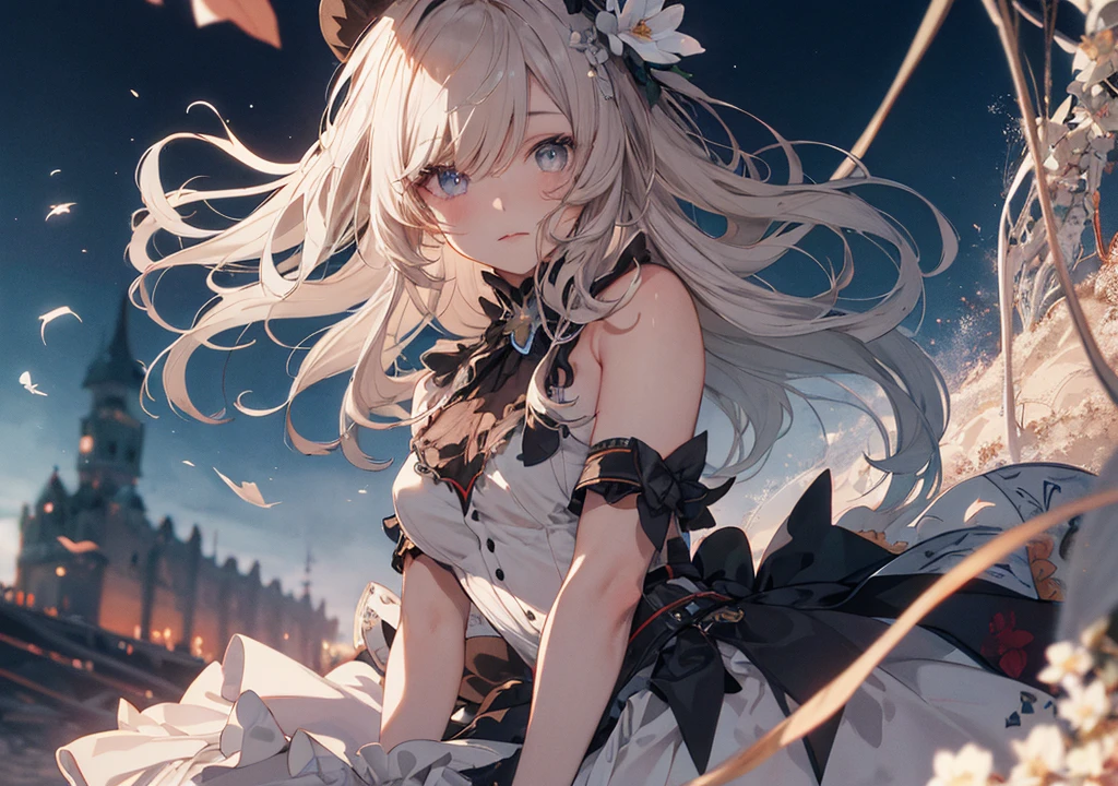 (masterpiece:1.5, Highest quality, Very detailed、 Dutch Angle、Semi-Realistic、Fantasy)(One girl, alone)(White and beautiful hair:1.4,,Straight Long Hair)(White based dress, zettai ryouiki)、((medium breasts))(from backside)(Beautiful starry sky、Mystical Night、Particles of light float around the woman、Fantasyな空間)Kiana Kaslana