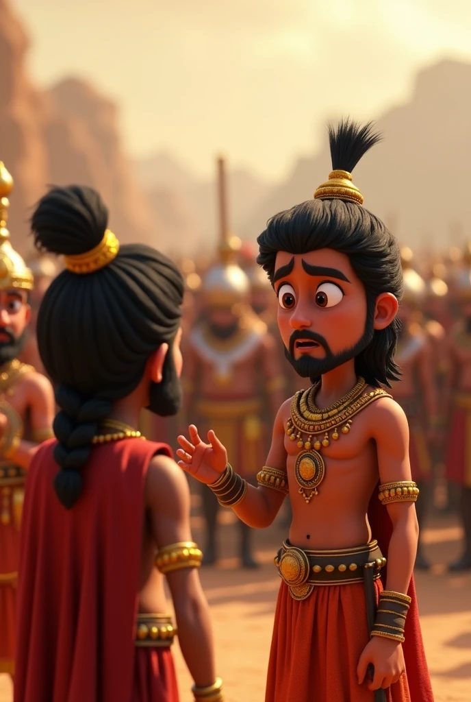 Generate in cinemetic 3d cartoon
**Warrior Assembly and Consultation:** "Duryodhana, displaying concern, approaches Dronacharya amidst the battlefield. The Pandava army is arranged in a powerful and structured formation, clearly demonstrating their military might. Dronacharya listens intently, with the detailed warrior assembly in the background." More pictures