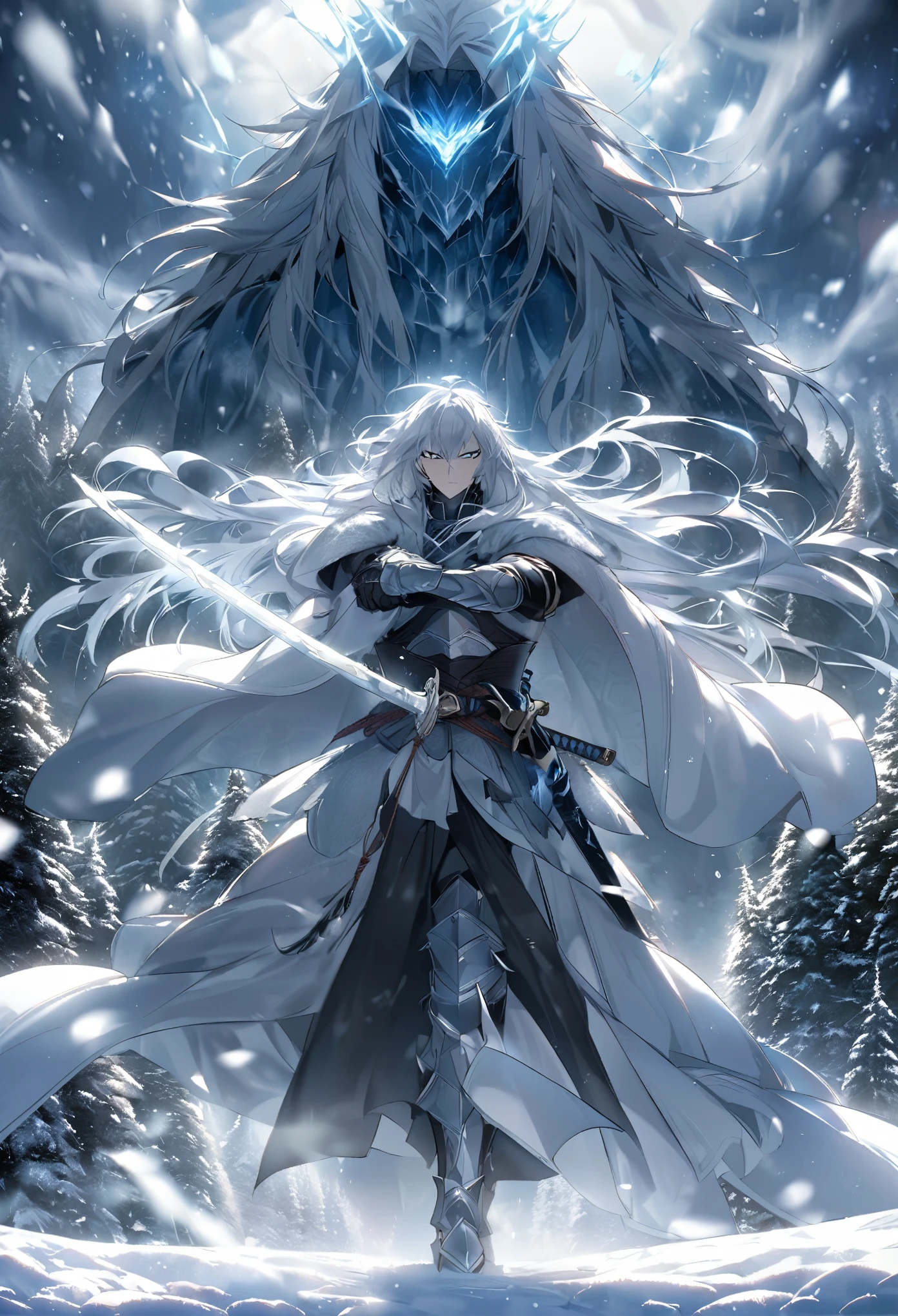 「Under the cold winter sky of January、As the strong wind rages、Snowflakes flutter。Standing on the silvery white land、A samurai with an overwhelming presence。His armor is covered with frost、Shining as if reflecting the moonlight。Long hair dancing in the wind、Staring ahead with sharp eyes。Behind it are rows of snow-covered pine trees.、It further accentuates his strength and aura of solitude.。His sword was slightly removed from its sheath、The blade is as cold and sharp as ice。In a powerful pose、It depicts them preparing for battle.。There's a general feeling of cold and silence.、Emphasizing the traditional Japanese atmosphere、The dignified and powerful figure of a samurai。」