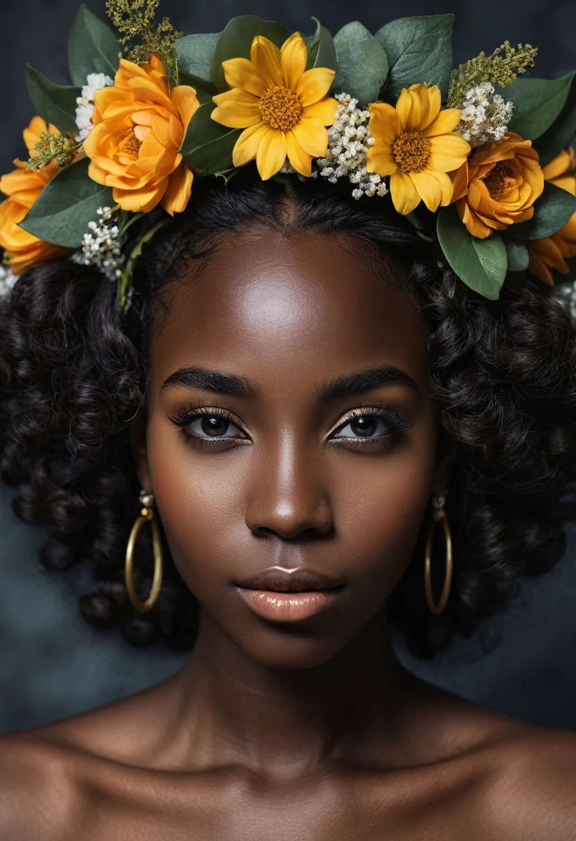 There is a woman with a flower crown on her head, Black young woman, dark skin, color photography portrait 4k, ( ( dark skin ) ), young black woman, dark skin female goddess of love, Detailed beautiful face, beautiful portrait, African American girl, Black African Princess, detailed beauty portrait, stunning digital illustration, photo of a black woman