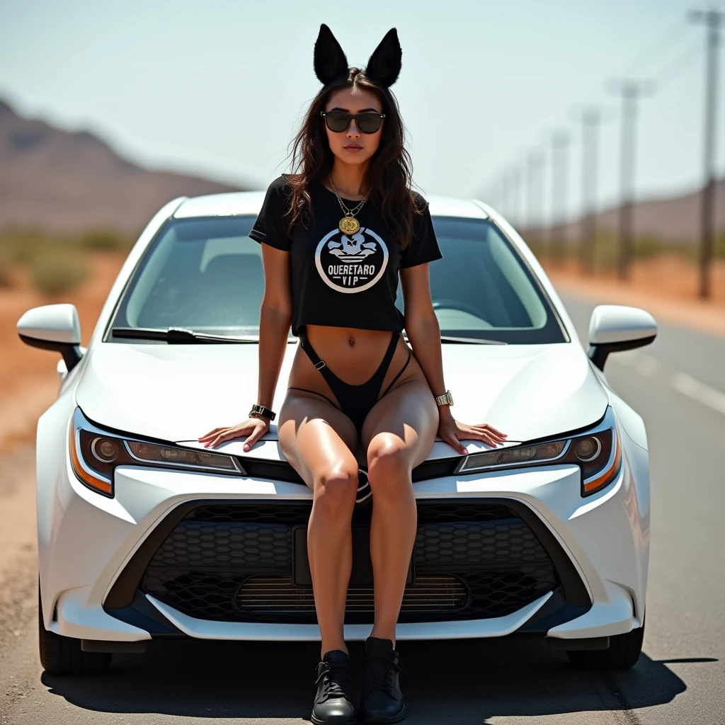 Latin woman, 18 years, huge breasts, athletic body, Athletic legs, black lingerie, fox ears, Black t-shirt cut to the navel with the legend: Queretaro VIP", Sunglasses, black Adidas tennis shoes, gold watch on the wrist, Gold chain with a wolf medal around the neck, sitting on the hood of a white 2016 Toyota Corolla, on a deserted road