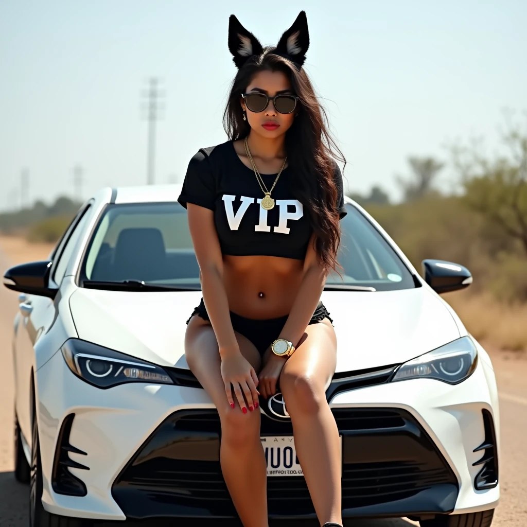 Latin woman, 18 years, huge breasts, athletic body, Athletic legs, black lingerie, fox ears, Black t-shirt cut to the navel with the legend: Queretaro VIP", Sunglasses, black Adidas tennis shoes, gold watch on the wrist, Gold chain with a wolf medal around the neck, sitting on the hood of a white 2016 Toyota Corolla, on a deserted road