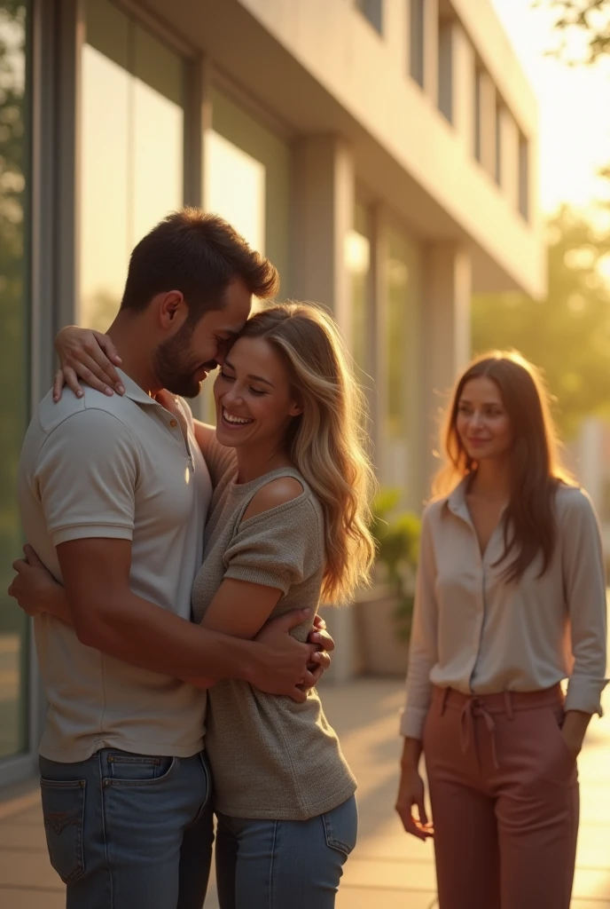 On a sunny afternoon in front of a modern building a man hugs a woman looking at his wife who is jealous