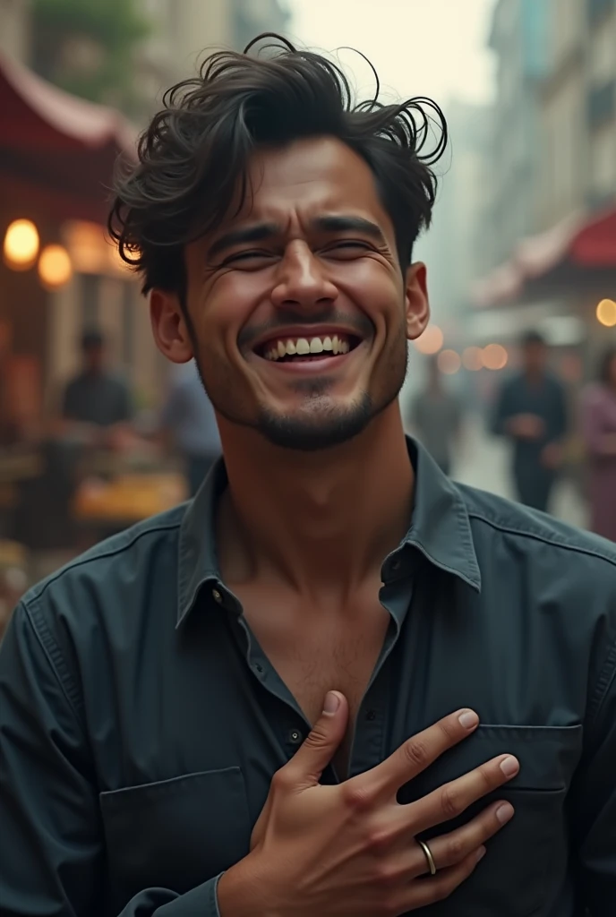 Prompt for the man's reaction: "A moment of realization on the man's face. His smile fades into a look of embarrassment and humility. His hands are placed on his chest in a gesture of respect and submission, indicating his repentance. The background is a soft blur, with the market noise dimmed, focusing on his expression of regret and sudden understanding."