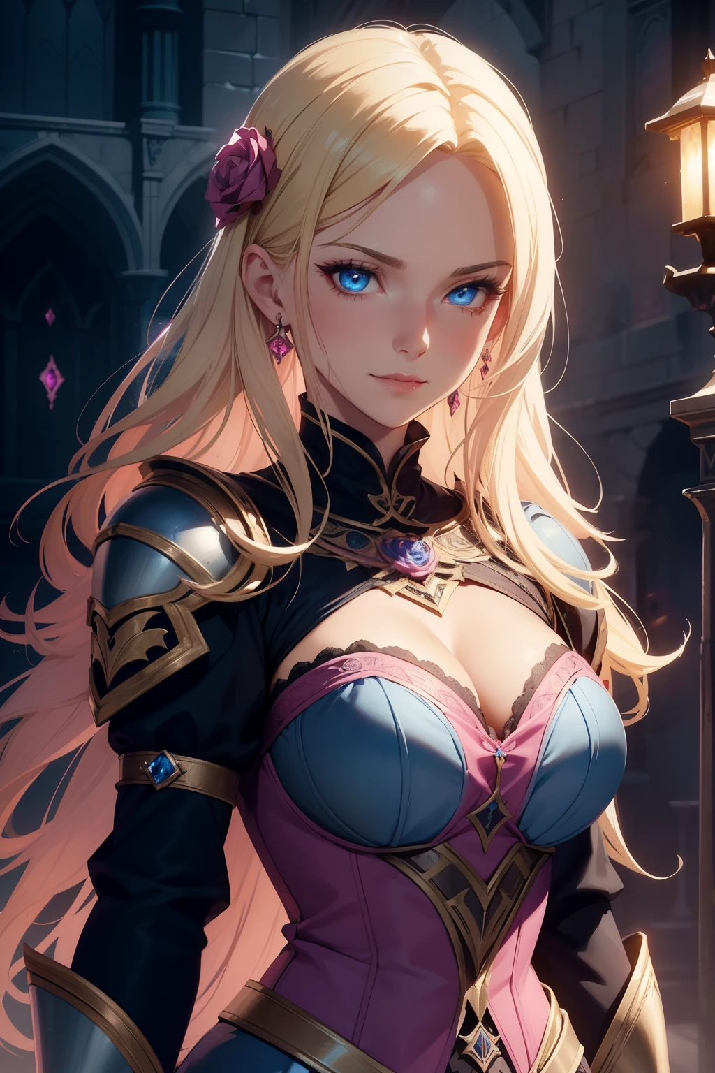 a beautiful woman, gorgeous blonde woman, dark rose knight, blue eyes, pink elegant cute medieval dress, fantasy, highly pink rose intricate armor, detailed face, bad smile, 8k, highly detailed, masterpiece, dramatic lighting, cinematic, atmospheric, fantasy art