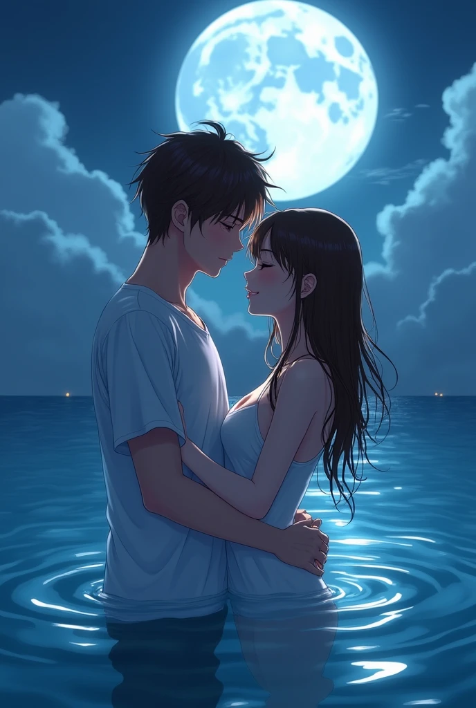 Create a anime style landscape image. Digital artwork featuring a romantic scene of a couple embracing in the ocean under a full moon. The style is highly detailed and realistic, with a soft, ethereal glow illuminating the subjects. The man and woman are waist-deep in the water, with the moonlight casting a serene, blue hue over the scene. The man has short, tousled brown hair and a light skin tone, wearing a white, wet shirt that clings to his body. The woman has long, wet brown hair and a light skin tone, with her eyes closed and a peaceful expression on her face. The background showcases a calm ocean with gentle waves and a cloudy night sky, dominated by a large, bright full moon. The overall mood is intimate and tranquil, capturing a moment of tender connection between the couple.