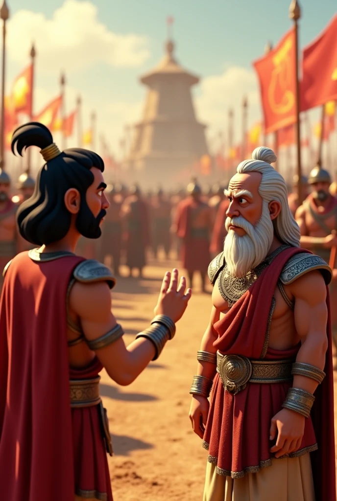 Generate in cinemetic 3d cartoon***Duryodhana’s Concern:** "A detailed image showing Duryodhana, anxious and pointing towards the Pandava warriors. Dronacharya, in his sage attire, listens carefully. The Pandava army’s powerful and impressive lineup is visible in the background, emphasizing their strength."
More pictures