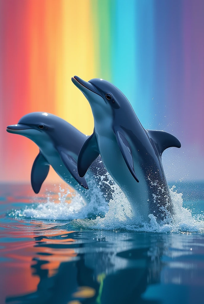Dolphins swimming from water with colourful rainbow background