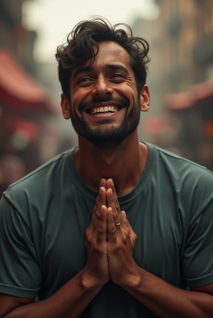 Prompt for the man's reaction: "A moment of realization on the man's face. His smile fades into a look of embarrassment and humility. His hands are placed on his chest in a gesture of respect and submission, indicating his repentance. The background is a soft blur, with the market noise dimmed, focusing on his expression of regret and sudden understanding."