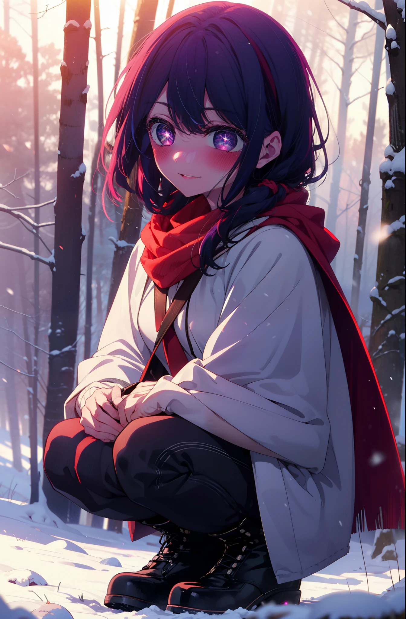 aihoshino, Ai Hoshino, Long Hair, bangs, (Purple eyes:1.1), Purple Hair, (Symbol-shaped pupil:1.5), smile,,smile,blush,white breath,
Open your mouth,snow,Ground bonfire, Outdoor, boots, snowing, From the side, wood, suitcase, Cape, Blurred, , forest, White handbag, nature, Squat, Mouth closed, Cape, winter, Written boundary depth, Black shoes, red Cape break looking at viewer, Upper Body, whole body, break Outdoor, forest, nature, break (masterpiece:1.2), Highest quality, High resolution, unity 8k wallpaper, (shape:0.8), (Beautiful and beautiful eyes:1.6), Highly detailed face, Perfect lighting, Extremely detailed CG, (Perfect hands, Perfect Anatomy),