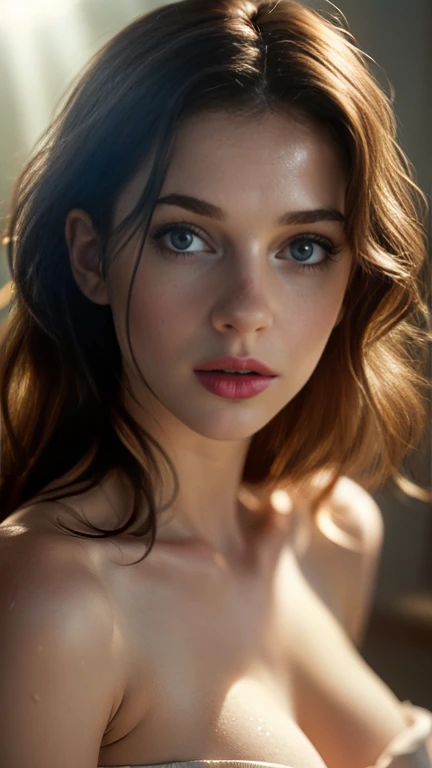 (((ultra realistic))) Photo, masterpiece, top quality, (pale skin), (Ultra detailed face and eyes:1.3), 1 girl, Adult, in a T-shirt, (Eye makeup, mascara) , ((large detailed lips)), ((ash wavy hair)), ((Chyolka)) , (Natural breasts), Slim waist. ((Posing)), photoshoot, studio (soft lighting), (The play of light and shadows), depth of field, bokeh, (special attention to skin detail: 1.2), Detailed leather texture, skin pores. (Airy atmosphere of the frame. Color range - delicate, Bright, white, Pink tones), UDR, ((Film grain)), ((rays)), ((glare of the sun)), ((waist up portrait, close to the camera)) , ultra detialed,