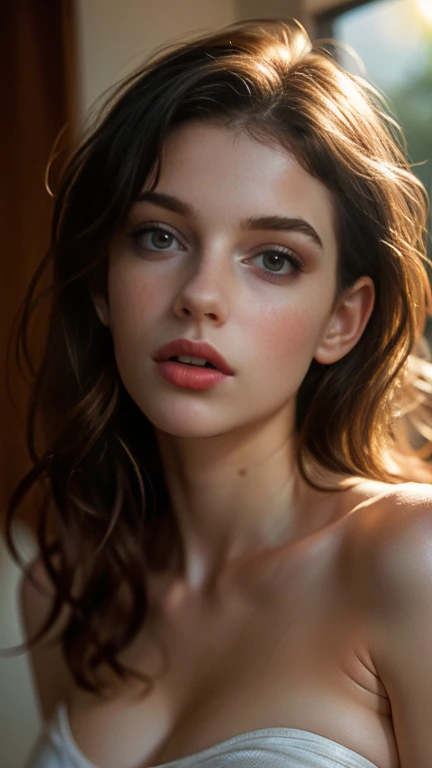 (((ultra realistic))) Photo, masterpiece, top quality, (pale skin), (Ultra detailed face and eyes:1.3), 1 girl, Adult, in a T-shirt, (Eye makeup, mascara) , ((large detailed lips)), ((ash wavy hair)), ((Chyolka)) , (Natural breasts), Slim waist. ((Posing)), photoshoot, studio (soft lighting), (The play of light and shadows), depth of field, bokeh, (special attention to skin detail: 1.2), Detailed leather texture, skin pores. (Airy atmosphere of the frame. Color range - delicate, Bright, white, Pink tones), UDR, ((Film grain)), ((rays)), ((glare of the sun)), ((waist up portrait, close to the camera)) , ultra detialed, 