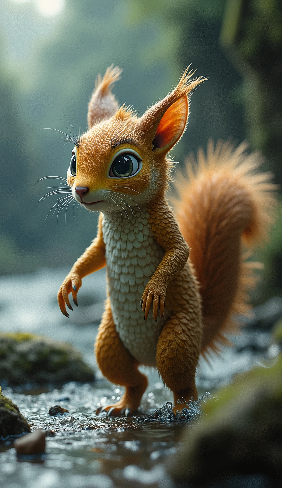 A cross between a squirrel and a fish, realistic photo, in dramatic nature