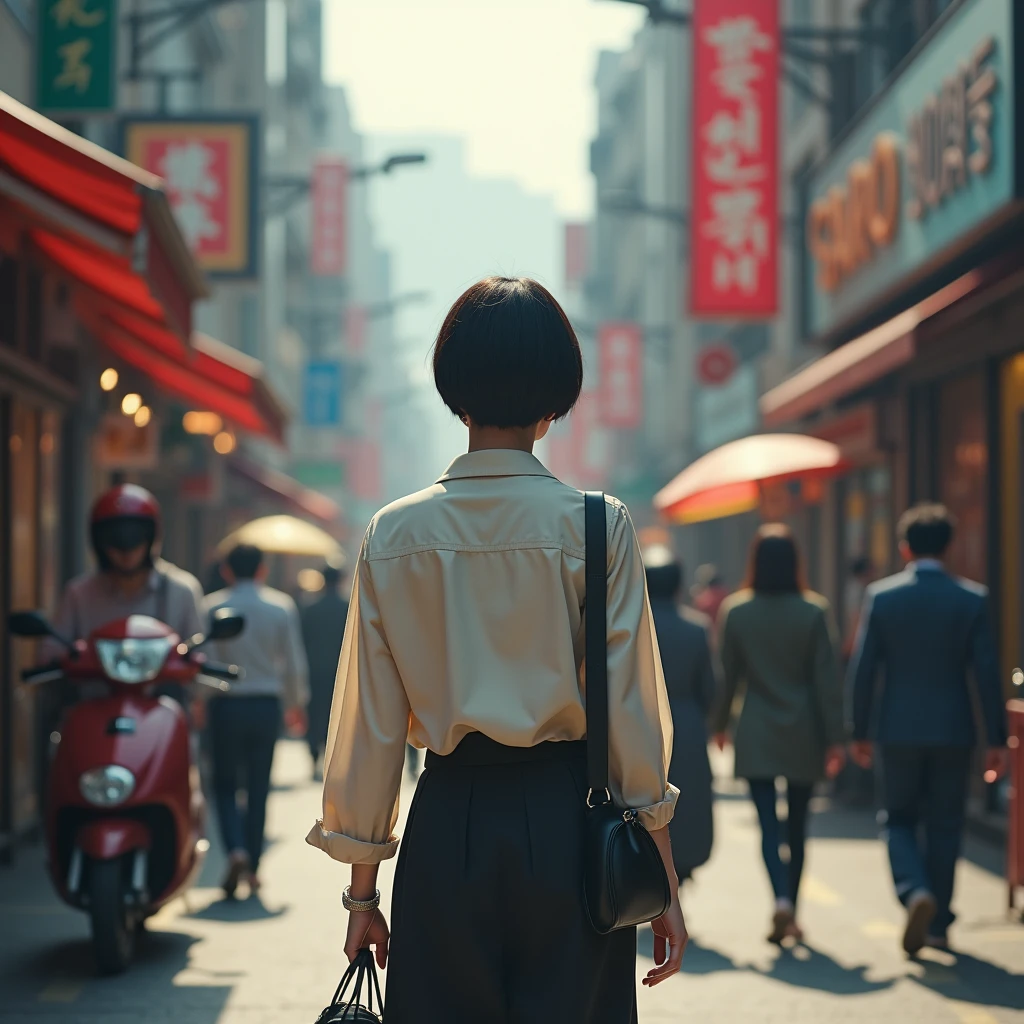 "A young Korean woman with short hair, seen from behind, walking down a busy street. She is dressed in modest, everyday clothing with no exposure, exuding a sense of beauty and elegance. The bustling and lively atmosphere of the street contrasts with her calm and composed presence."