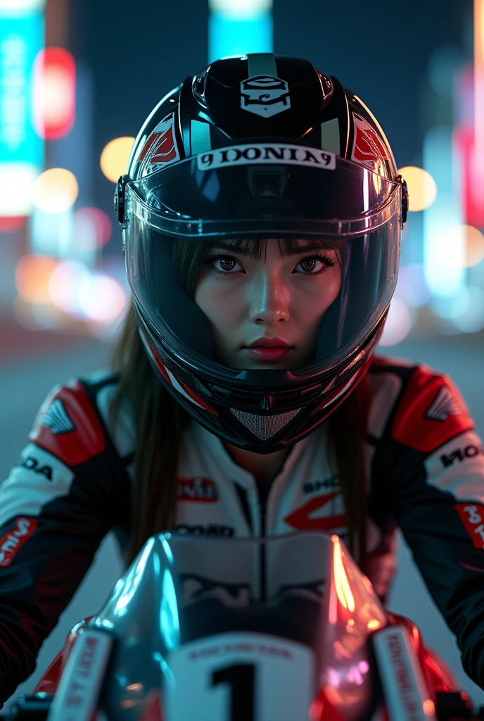 ultra-realistic, photorealistic, dramatic scene, shadow, global-illumination, beautiful Japanese idol girl, Riding on a super cool sport motorcycle, at highway in metropolitan at night, high speed, dramatic scene, masterpiece, face focus, clear helmet visor, beautiful eyes, Honda bike, Shoei helmet, professional racer's outfits, A gesture of "I'll go first", shoot from side, (face focus, close up to her beautiful face:1.6)