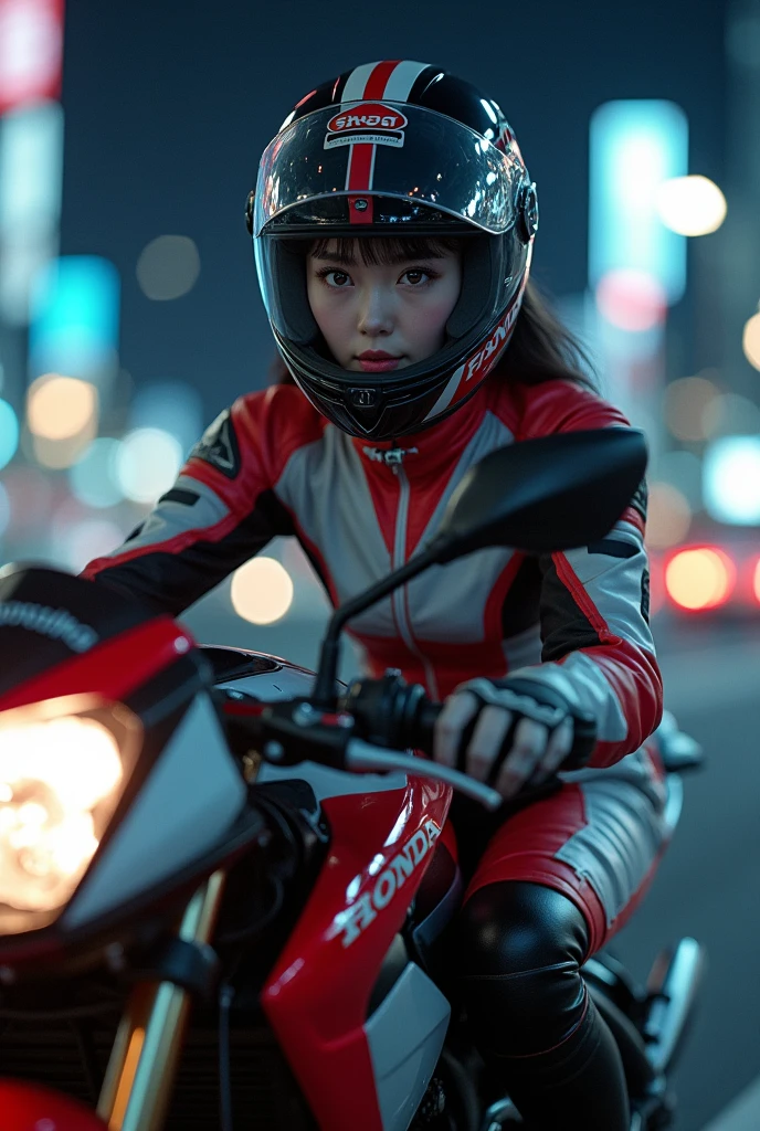 ultra-realistic, photorealistic, dramatic scene, shadow, global-illumination, beautiful Japanese idol girl, Riding on a super cool sport motorcycle, at highway in metropolitan at night, high speed, dramatic scene, masterpiece, face focus, clear helmet visor, beautiful eyes, Honda bike, Shoei helmet, professional racer's outfits, A gesture of "I'll go first", shoot from side, (face focus, close up to her beautiful face:1.6)