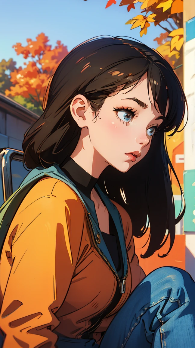 highest quality, masterpiece), 1 Girl, 1980s \(style\)Beautiful expression,profile,\(style\)Upper Body,Horizontal position,pin up , \(style\)Black Hair,\(style\), citypop, lofi,\(style\),1980s fashion,Autumn Clothes,casual,1980s fashion, citypop,retro,\(style\)sunset,sunset,autumn leaves,