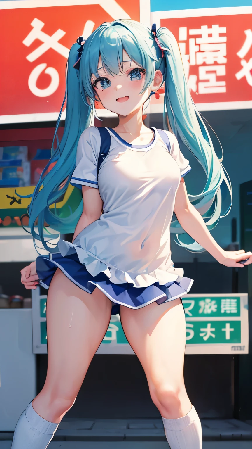 (((anime-style cute face))),(((Full body photography))),(((Blue twin tails))),Highest quality, (Sharp details), (8k, RAW Photos, Highest quality, masterpiece), (extremely detailed 8k wallpaper),Professional Lighting,Sharp focus, Depth of written boundary、Ticker,(((Face close-up)))、(looking at the camera),((Happy face))、Very big eyes、((anatomically correct body))、Big thighs、Light from the front、The face is bright、Inside a convenience store、Healthy small breasts、Slightly muscular、(Convenience store clerk costume)、(Sports sneakers)、(((Knee-high socks)))、Side Shot、lure、Lots of sweat、Accentuate your body lines、A little frill
