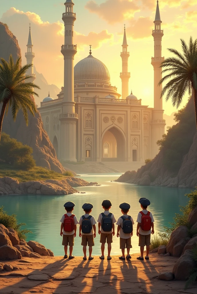 Early in the morning, the children boys take a trip to a big city. The roads are winding and the rivers are calm. The city is known for its ancient Islamic university with mosque . This university is religious and the charm of its beauty and its luxurious buildings sparkle under the rays of the sun and looks like an artistic painting. The children stand in front of the school and are amazed. The children have beautiful school caps on their heads.