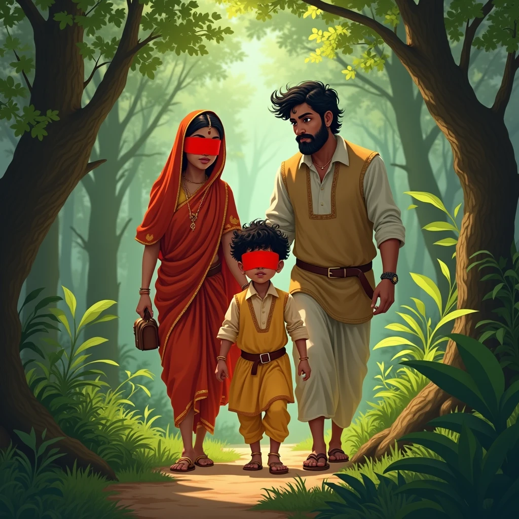  Rajasthani mother and father took their five-year-old child to the forest. The child had a red bandage tied over his eyes , forest 