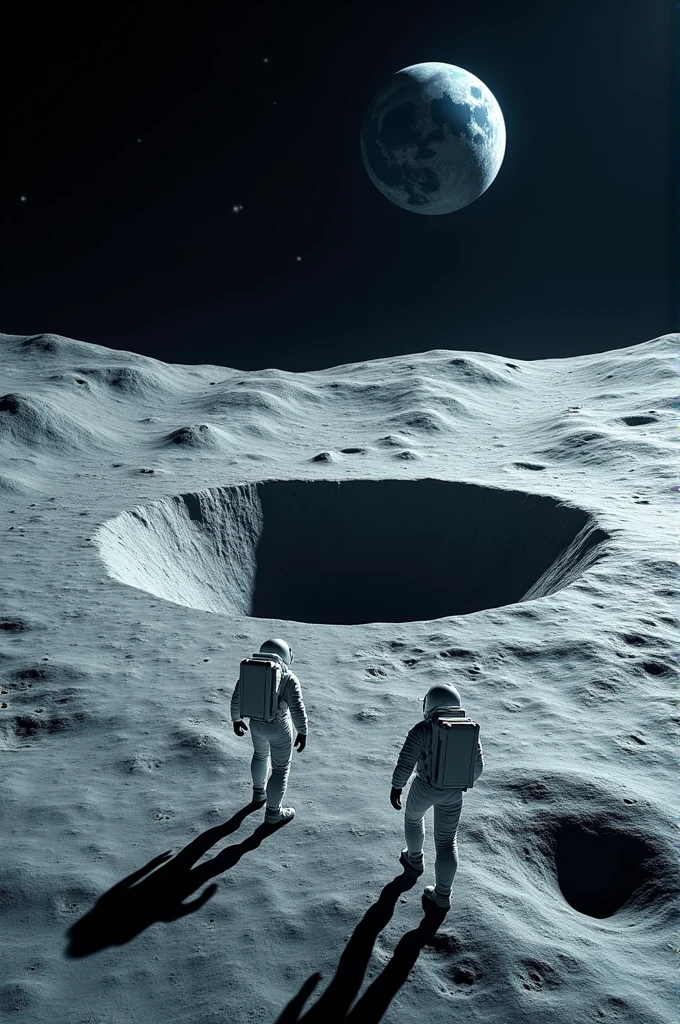 Realistic image of the pix symbol carved like a crater into the moon, with 2 astronauts around