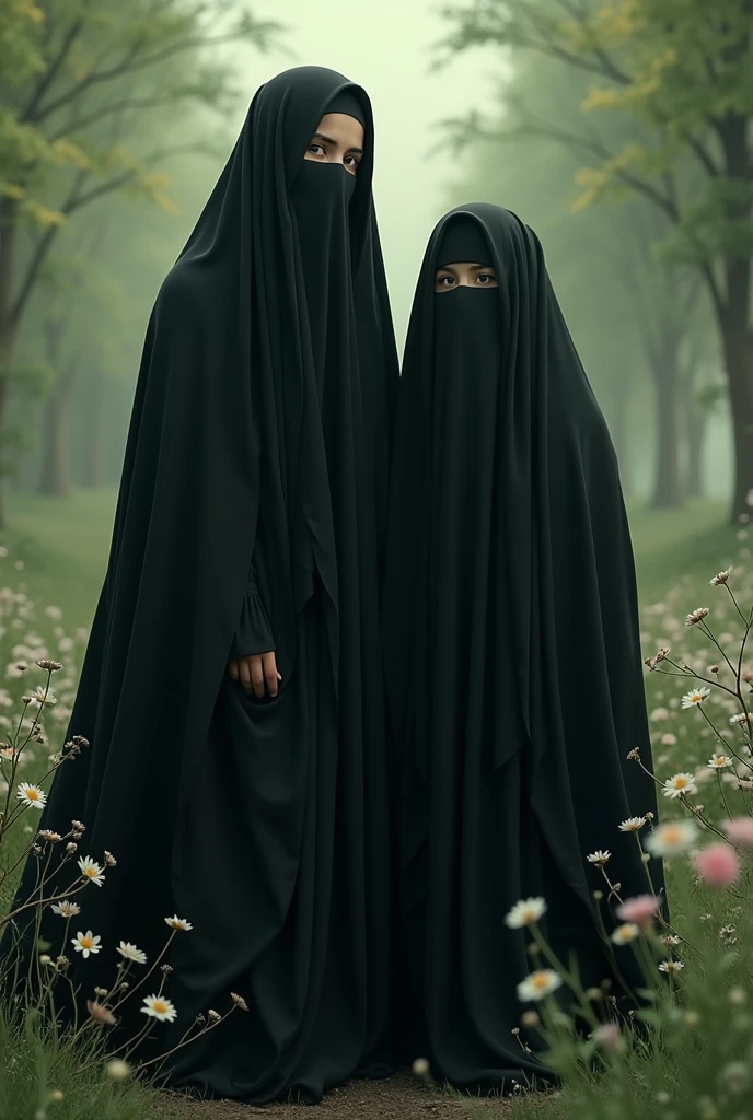  Irani girl  & irani man, couple with black full body cover   chadar, , , abaya hairs hide , face hide , full body cover with black aba,  full picture back side , wallpaper colorful  trees