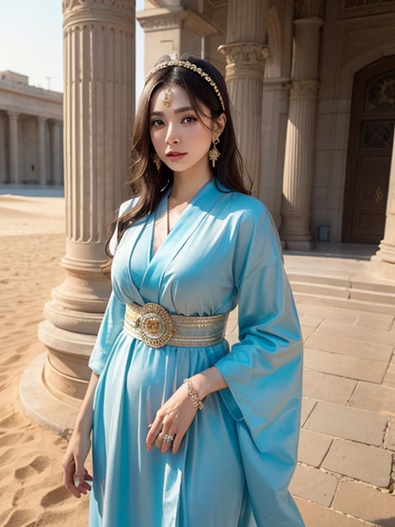 One Japan, money色のアクセサリー, Veil, gem, Kaftans, turbaned, Circlet, 額のjewelry, Elegant robes, sand color, (oasis), Long Hair, Wavy Hair, Light of the sun, Camel, Sand Dunes, Wind, mysterious, Desert flower, Coin Belt, fabric, embroidery, metallic, scarf, Turquoise, jewelry, money, Queen, city, (Cowboy Shot), Pillar