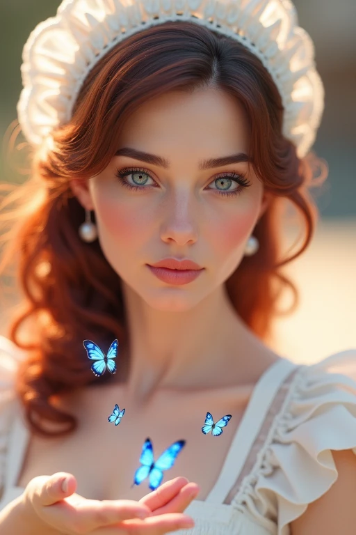 Perfect face, close up of face, 1 lady, solo, beautiful Swedish mature lady, reddish updo, blue eyes, maid outfit, white maid headband, Several blue butterflies flutter with glowing particles around her outstretched hand. hyperrealism, realistic, photorealistic, sharp focus, physically based rendering, highly detailed, professional, bokeh, cinematic lighting, half of face shaded with side lighting
