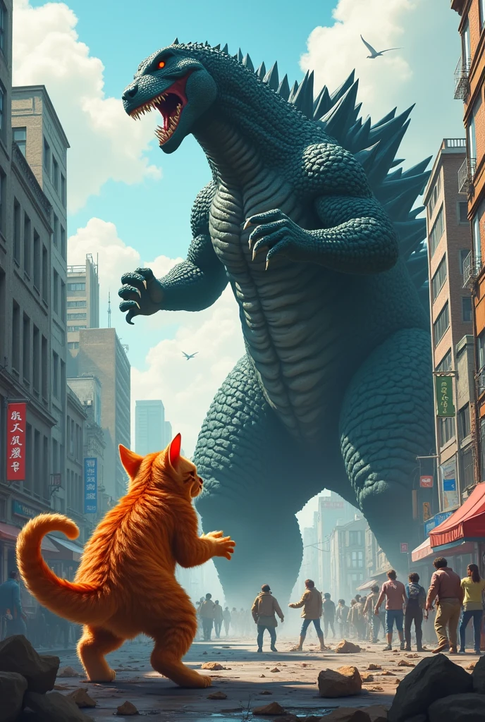 orange cat fight with godzilla,middle city