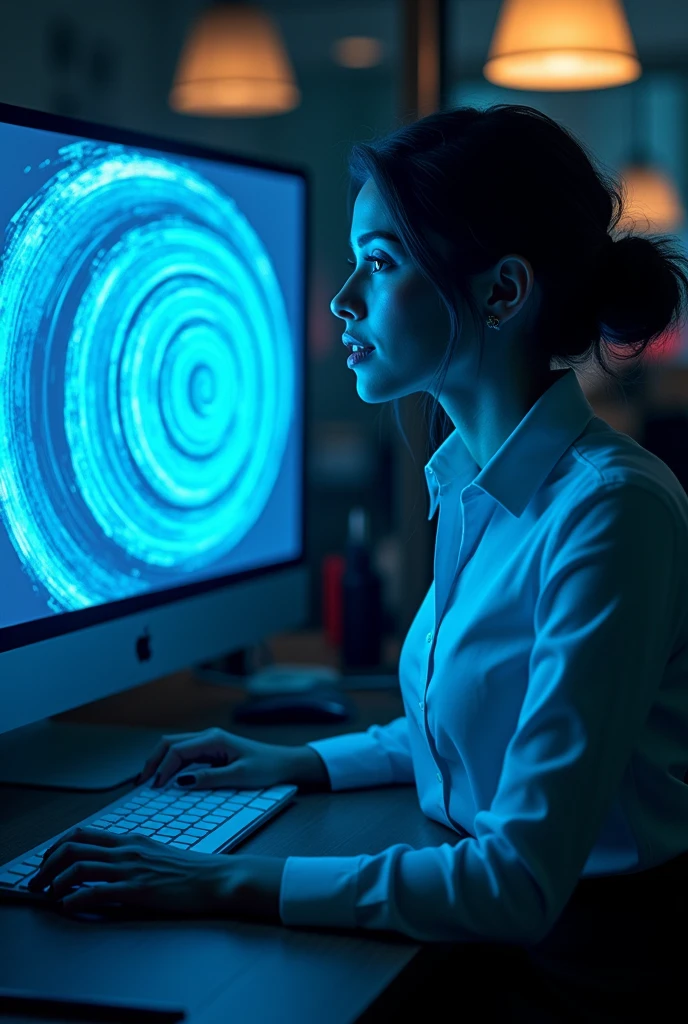 A sexy beautiful girls, white shirt, pencil skirt, work in office and look the screen of computers and her computer screen displayed a hypnotic glowing blue spiral and the woman's eyes appeared blue spirals as she looked at her computer screen and her became very hypnotized while looking at his computer screen and her was deeply hypnotized and his eyes turned into blue spirals then his face got closer to the screen then his face got closer to his screen with his eyes becoming blue spirals then he was very fascinated by the screen then her was so fascinated by the screen that her kissed the computer screen with his eyes turning into blue spirals until her droolled her was crazy about the blue spiral and her stood up from his chair and bent over while looking at his computer screen, the sexy woman's hand was holding the computer screen the (her prostrated himself in front of his computer screen) computer in the middle, sexy women are hypnotized and worship him