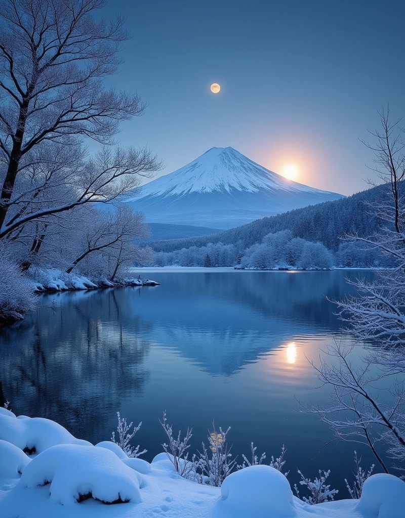 Snow Scenery, Mt. Fuji, lake, full moon, light snow,
