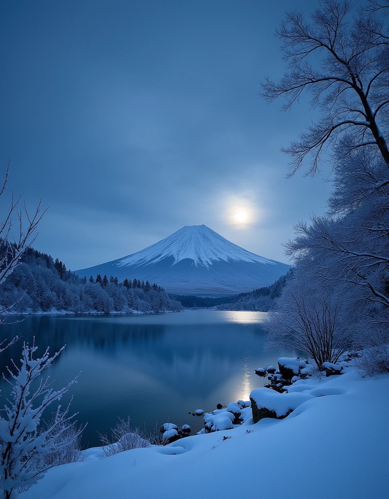 Snow Scenery, Mt. Fuji, lake, full moon, light snow,