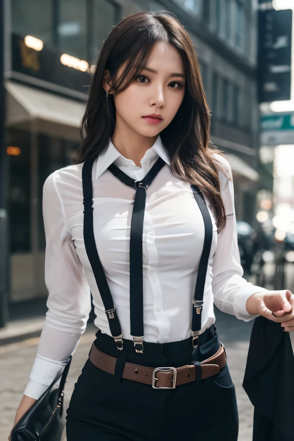 a woman in a suit, belt, hands behind back, sweating, suspenders, , sexly, large breasts, see-through clothing, rain, detective, office worker, white button-up shirt, (best quality,4K,8k,highres,masterpiece:1.2),ultra-detailed,(realistic,photorealistic,photo-realistic:1.37),hyper-detailed,highly detailed face and body, Slender　thin　suspenders　Moderate breasts　See-through shirt　Nipples　holster　chain　Pistol　Armament　criminal　Female criminal　knife black mini skirt　garterベルト　garter　Knee-high　Knee-highソックス　Absolute area