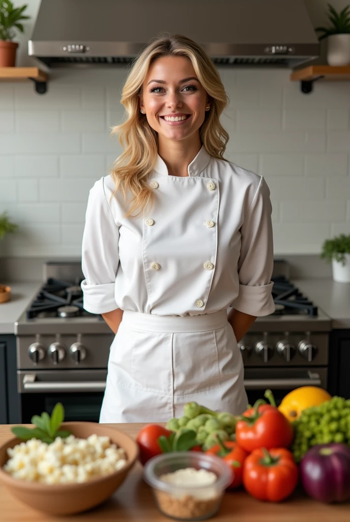 "Create a Midjourney prompt for an avatar representing my meal prep Facebook page. The avatar should be an American blonde woman, around 3, wearing professional kitchen chef clothes in a kitchen setting with different meal prep in front of her. The design should reflect a balance of professionalism and warmth, aligning with the theme of meal preparation and healthy living."