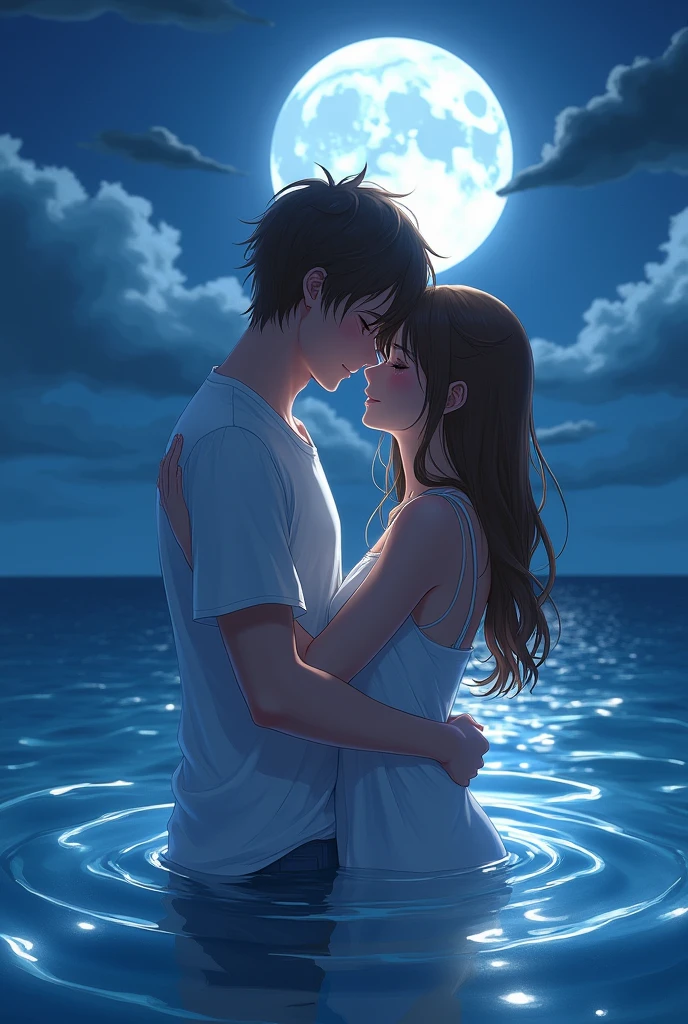 Create a anime style landscape image. Digital artwork featuring a romantic scene of a couple embracing in the ocean under a full moon. The style is highly detailed and realistic, with a soft, ethereal glow illuminating the subjects. The man and woman are waist-deep in the water, with the moonlight casting a serene, blue hue over the scene. The man has short, tousled brown hair and a light skin tone, wearing a white, wet shirt that clings to his body. The woman has long, wet brown hair and a light skin tone, with her eyes closed and a peaceful expression on her face. The background showcases a calm ocean with gentle waves and a cloudy night sky, dominated by a large, bright full moon. The overall mood is intimate and tranquil, capturing a moment of tender connection between the couple.