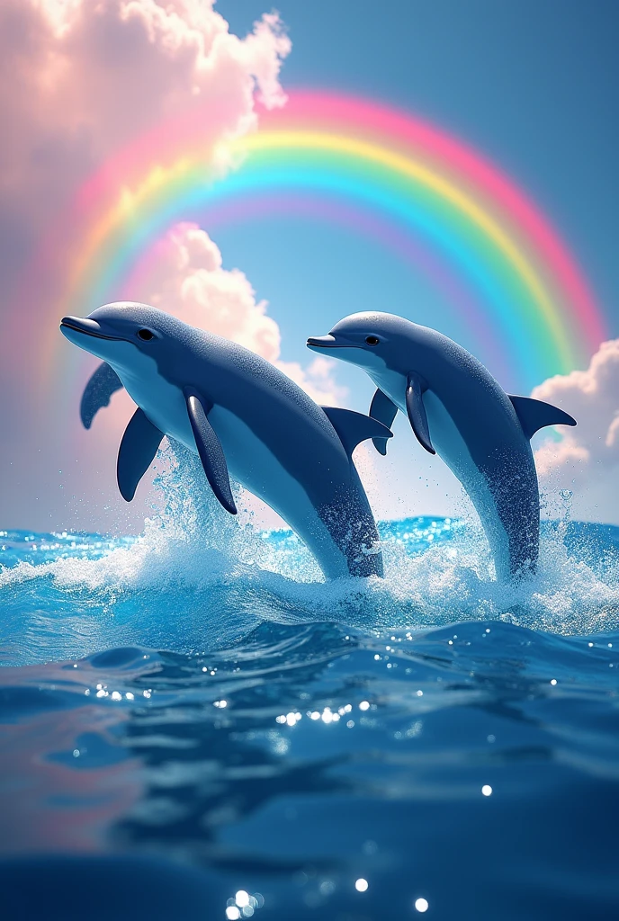 Dolphins swimming from water with colourful rainbow aesthetic beautiful background