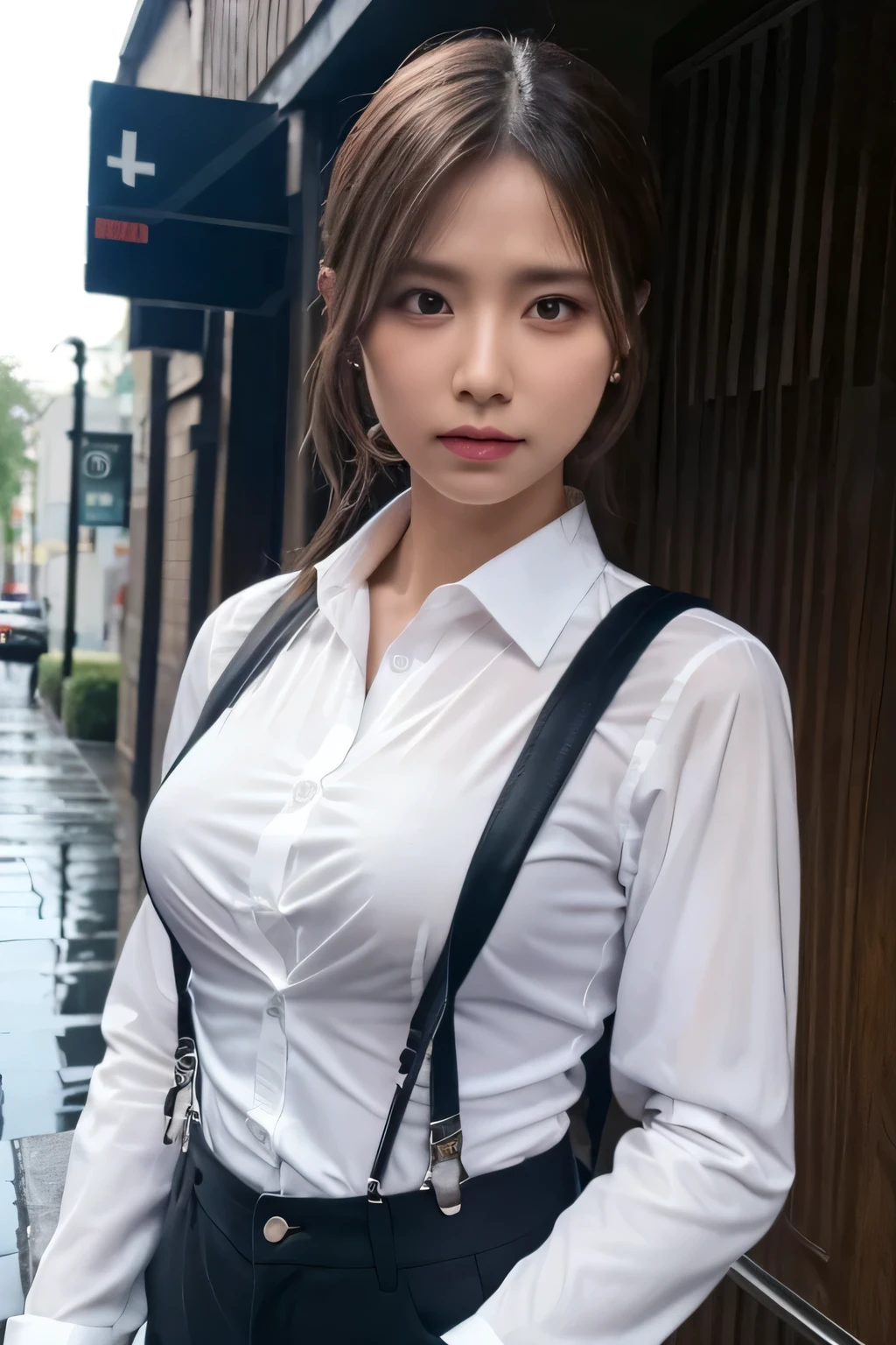 a woman in a suit, belt, hands behind back, sweating, suspenders, black pants, sexly, large breasts, see-through clothing, rain, detective, office worker, white button-up shirt, (best quality,4K,8k,highres,masterpiece:1.2),ultra-detailed,(realistic,photorealistic,photo-realistic:1.37),hyper-detailed,highly detailed face and body, Slender thin suspenders Moderate breasts See-through shirt Nipples holster chain Pistol Armament criminal Female criminal knife