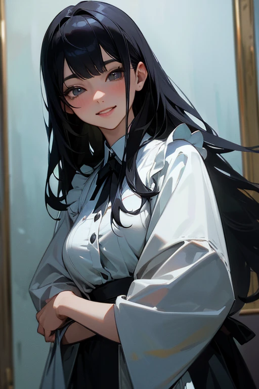 (Highest Resolution, clear_image) Highest quality, single, One woman, alone, masterpiece, Very detailed, Semi-realistic, Black Hairのショートヘア, Black Hair, bangs, 1, mature, Light blue , Indoor Background, kind, Authoritative, Powerful, exquisite features, exquisite features、Eyelashes become longer、Showing teeth、smile😀、Maid clothes、woman'Fingers in the、Sleeping on the sofa、Long Hair、Fluttering in the wind、((Change of clothes)).