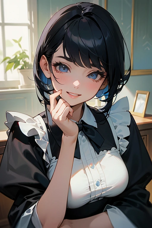 (Highest Resolution, clear_image) Highest quality, single, One woman, alone, masterpiece, Very detailed, Semi-realistic, Black Hairのショートヘア, Black Hair, bangs, 1, mature, Light blue , Indoor Background, kind, Authoritative, Powerful, exquisite features, exquisite features、Eyelashes become longer、Showing teeth、smile😀、Maid clothes、woman'Fingers in the、Sleeping on the sofa、Long Hair、Fluttering in the wind、((Change of clothes)).