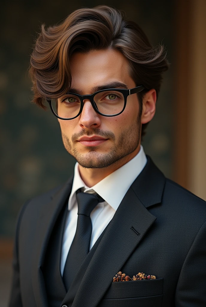 Handsome Man Wavy Brown Hair Freckles Dressed In Suits Glasses
