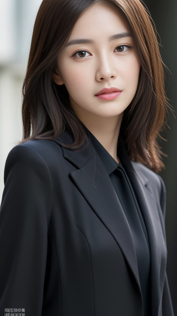 best quality, masterpiece, 8k, realistic, realistic 조명, clear focus, 1 girl, perfect look, slim body, View audience, dark brown hair, office, very detailed face, detailed eyes, Dark gray jacket suit, White blouse