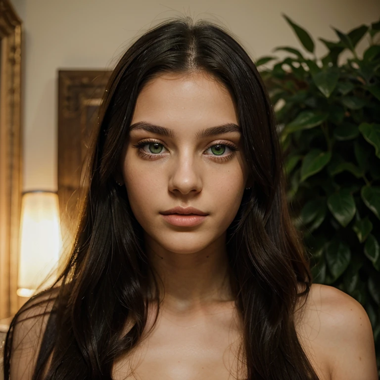 stunning young female french, 20 years old, huge green light eyes, huge lips, black straight long hair, full face portrait, looking directly into camera,