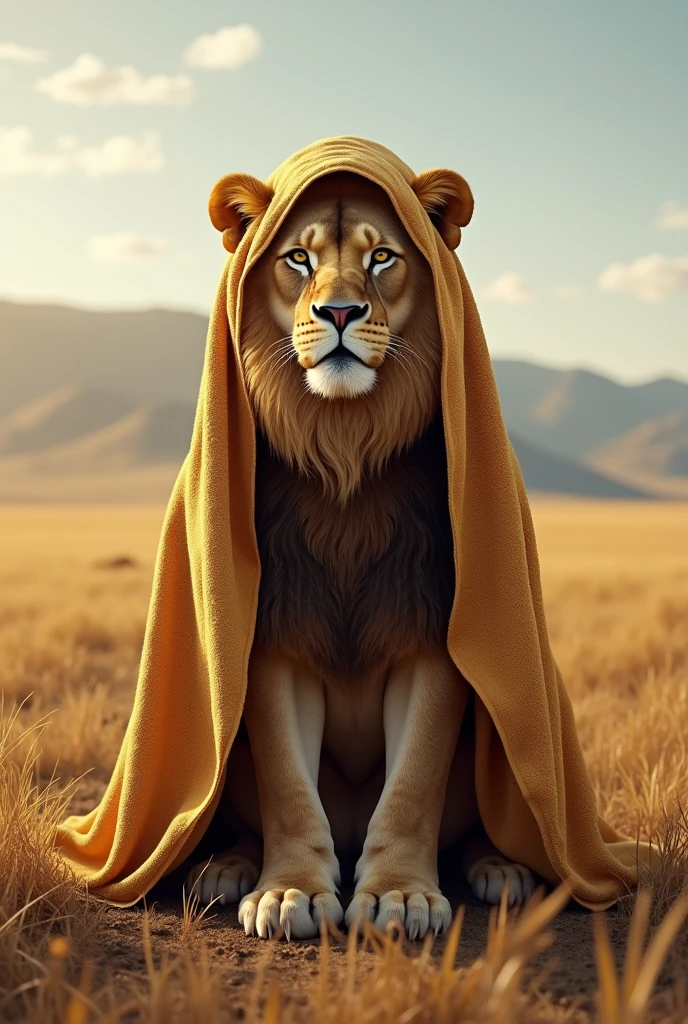 A real humble lion sitting, with a towel on its head, while the ends of the towel hang on it’s shoulders, the color of the towel looks like the skin of a lion, in the savanna.