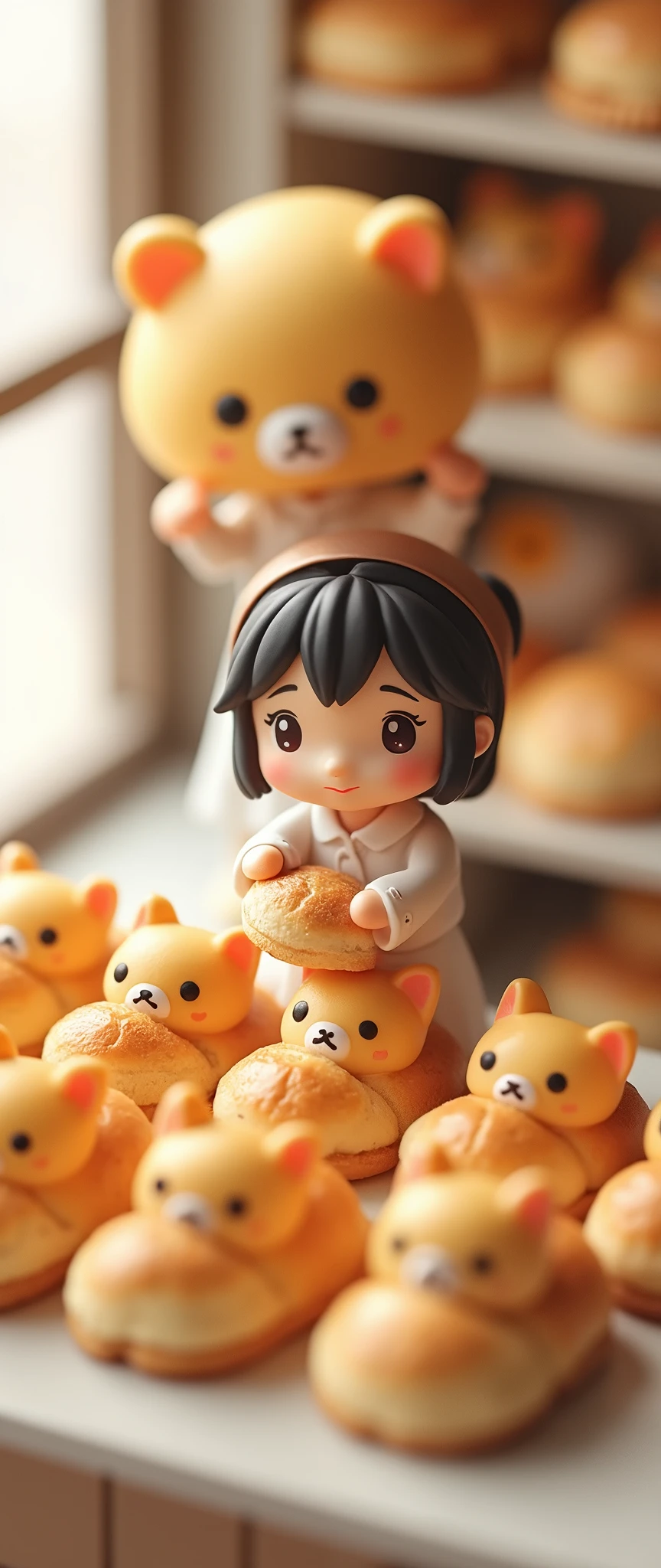 (masterpiece:1.2, Highest quality,Ultra-high resolution,Super detailed),8k,(wallpaper),(Photorealistic:2.0),(RAW Photos:2.0),(miniature plastic model:2.0),(Cute chibi woman working in a bakery:2.0),(The bakery has々A square arrangement of bread featuring small calico cat characters with relaxed expressions in the style of Rilakkuma.,Bakery Shop,Very simple design),(Isometric 3D diorama),Matte Paint