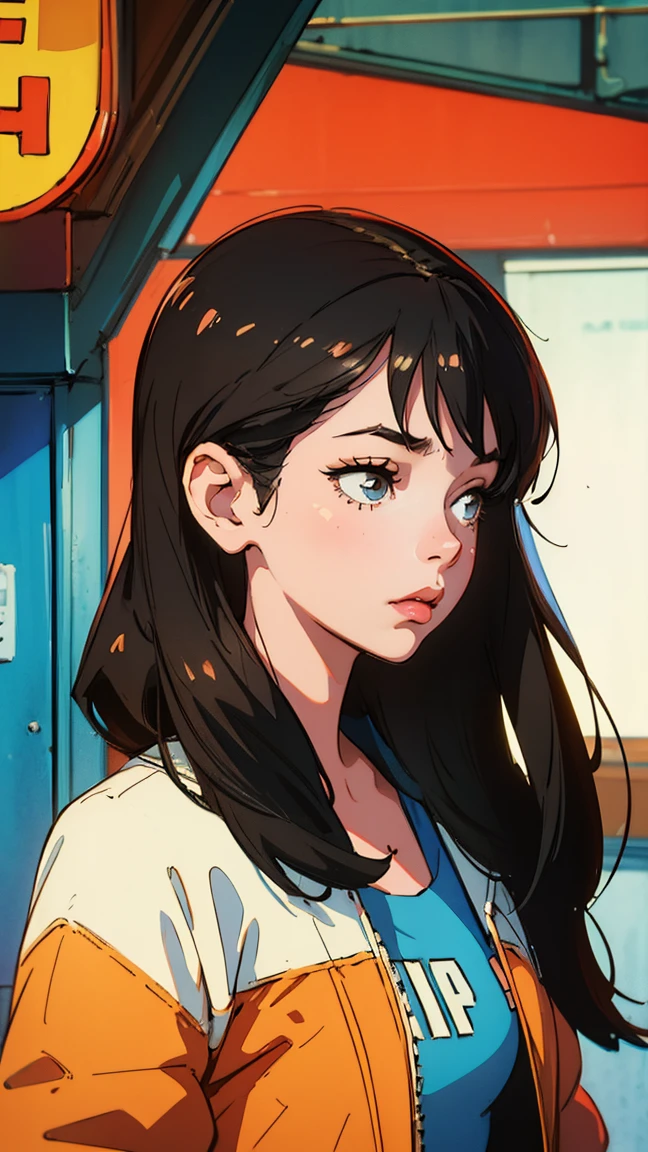 highest quality, masterpiece), 1 Girl, 1980s \(style\)Beautiful expression,profile,\(style\)Upper Body,Horizontal position,pin up , \(style\)Black Hair,\(style\), citypop, lofi,\(style\),1980s fashion,Autumn Clothes,casual,1980s fashion, citypop,retro,\(style\)autumn leaves,
