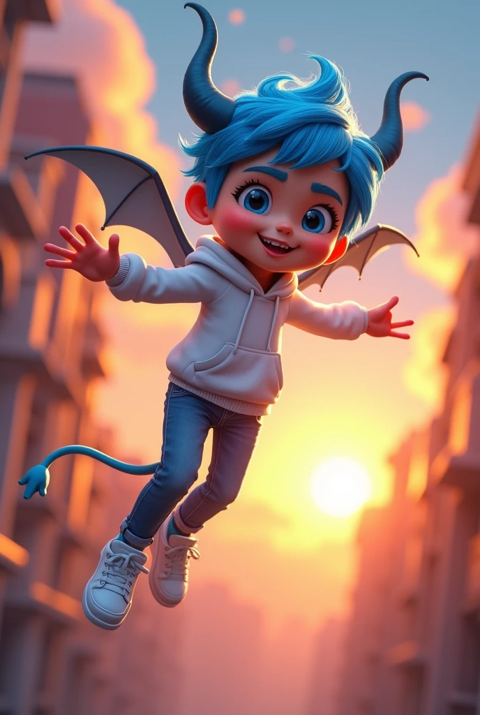 create an AI animated young and Smart character Devil the dress is Blue jeans and white Hudy and Blue colour Hair .The character is fly closer to at the side of sunrise . "Rehan" . Make sure the text is not mispelled.