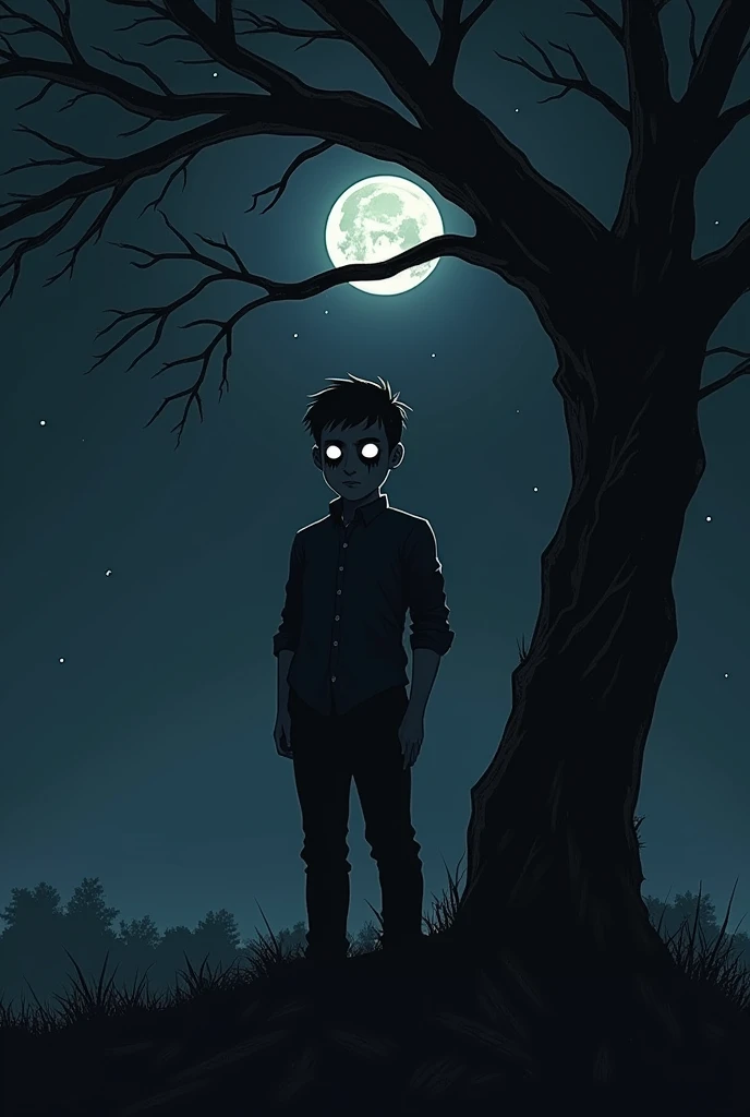 Give me a picture where a young man devil eyes is standing under a tree sad in dark night with new moon in black theme
