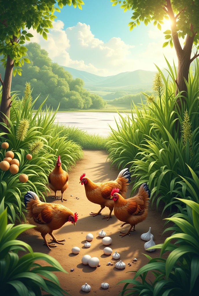 A farm with chicken egg and onion plant with black pepper plant and rice plant chicken egg
And salt field and some black pepper with garlic and egg