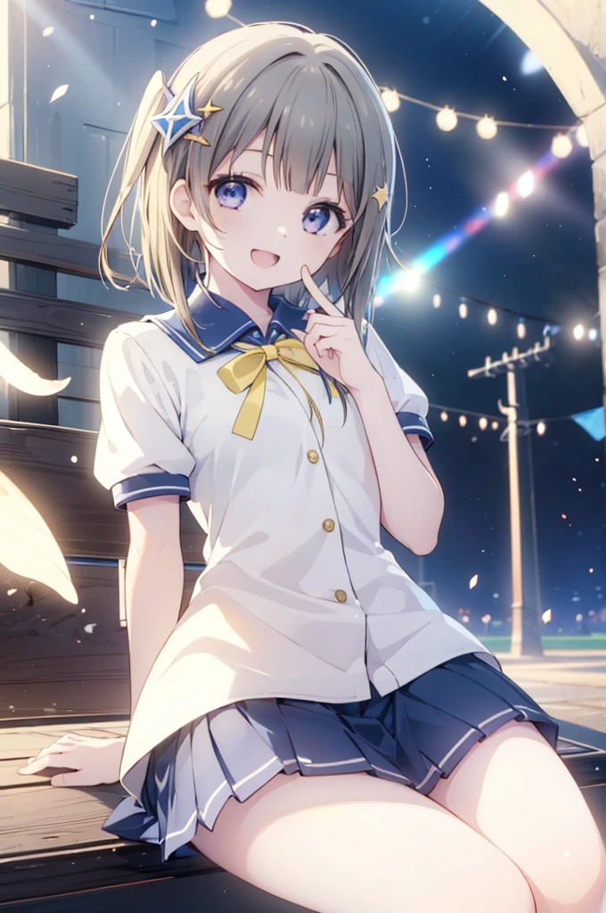 (best quality, masterpiece:1.2), 1girl, solo, (cowboy shot:1.2), looking at another, smile, sunlight, lens flare, open mouth, light on face, glow eyes, sitting,
nakasu kasumi, nijigasaki academy , summer uniform, crescent hair ornament,