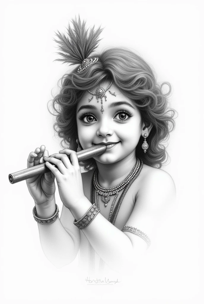 Shrikrishna, pencil sketch using pencil on white papaer ,only face with bansuri cute smile
Using low pencil charcoal
India for my sketch book